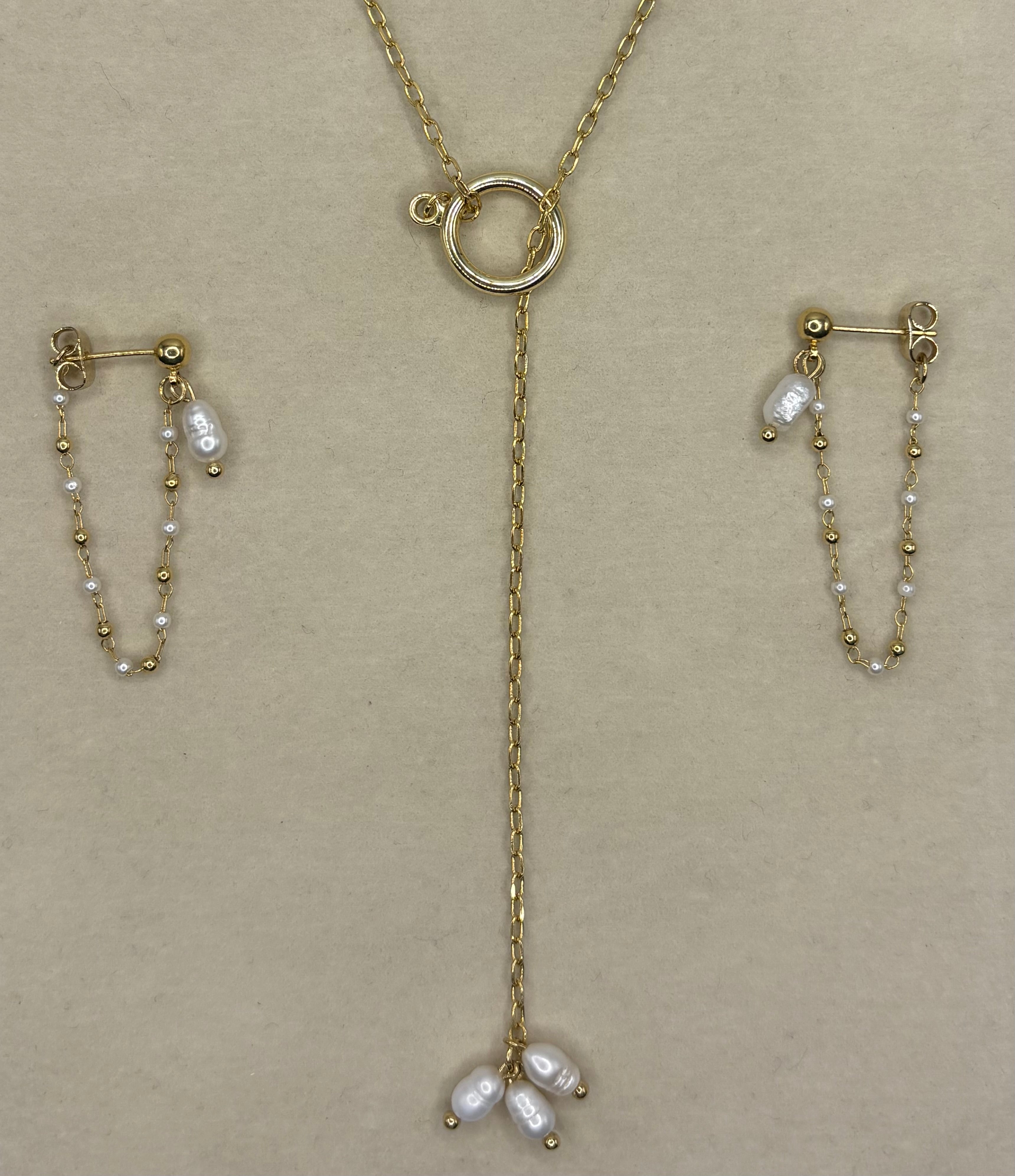 Aretes dobles con perla colgante